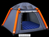 Gray inflatable tent front view. Blue mattress not included.