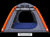 Gray inflatable tent open-door view. Blue mattress not included.