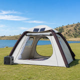 Beige solar-roof inflatable tent at a sunny lakeside campsite