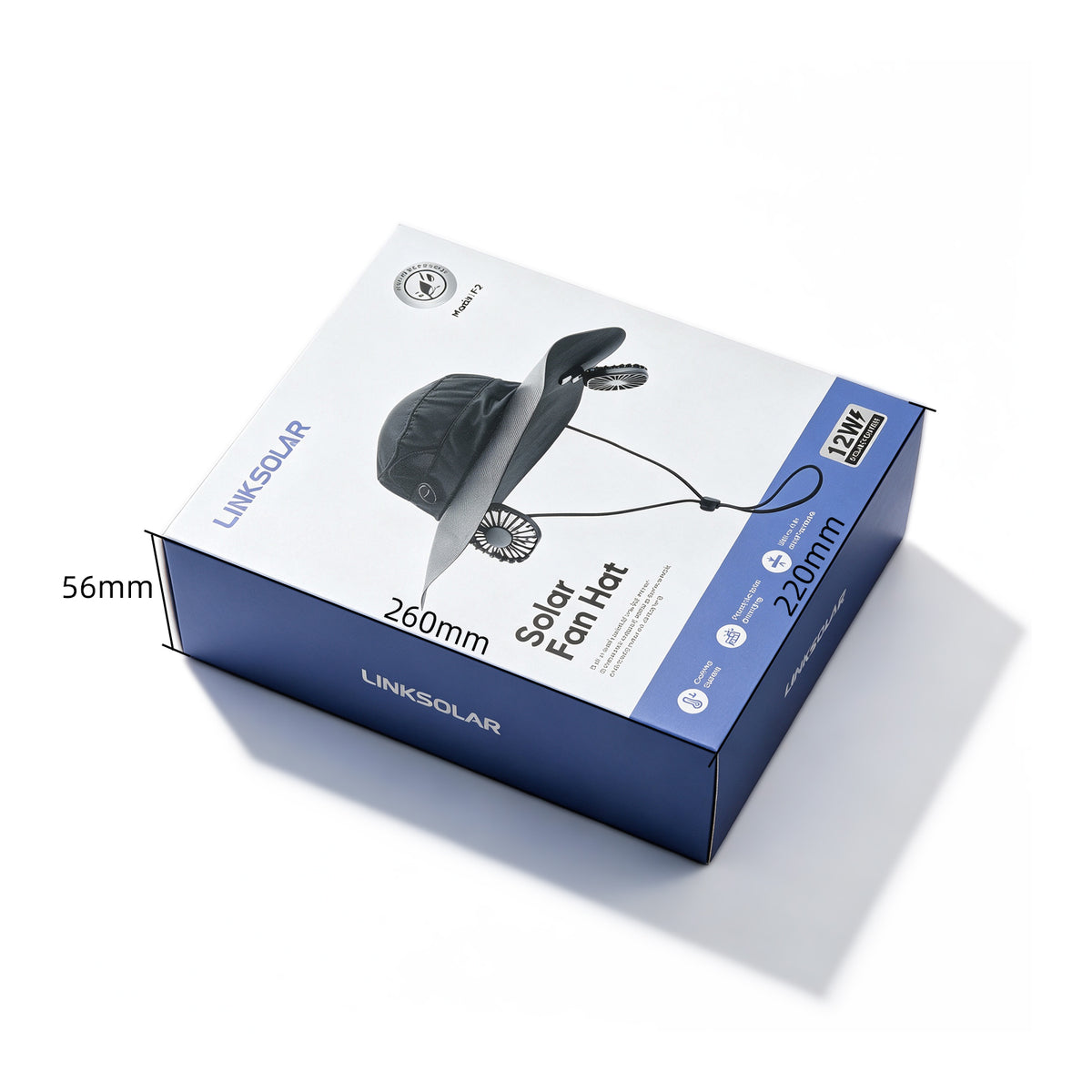 LINKSOLAR F2 Solar Fan Hat retail packaging with dimensions