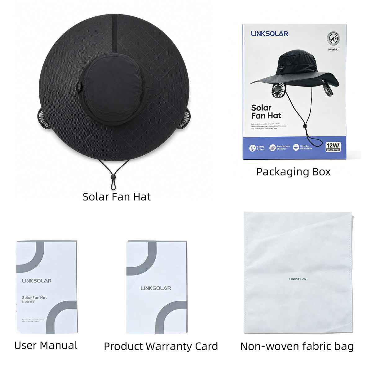 F2 package contents including hat, box, manual, warranty card and non-woven storage bag