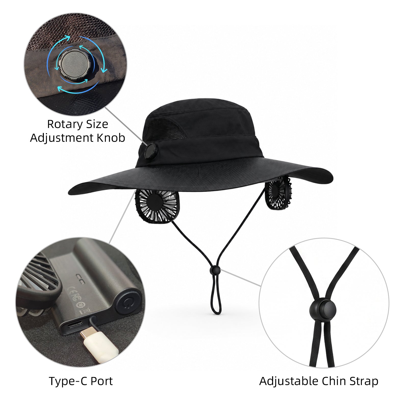 F2 Solar Fan Hat showing the rear adjustment knob, USB-C port and chin cord