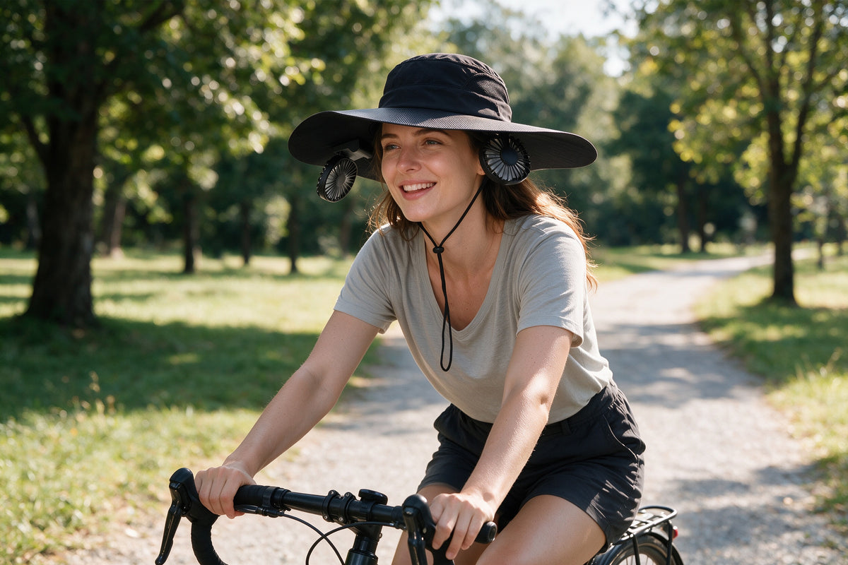 Cyclist wearing a portable fan hat on a park path