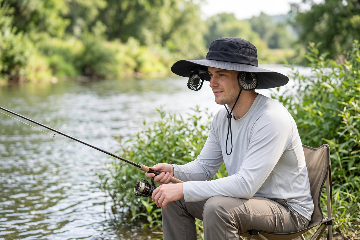 Angler wearing a solar fan hat beside a lake