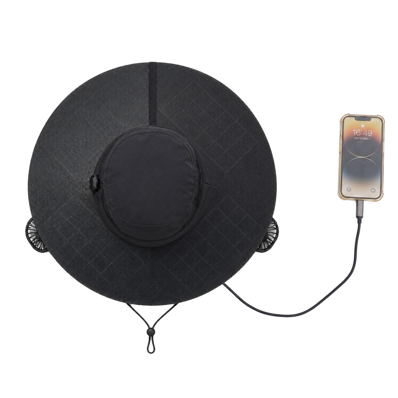 Solar Fan Hat connected by USB-C cable to a compatible smartphone