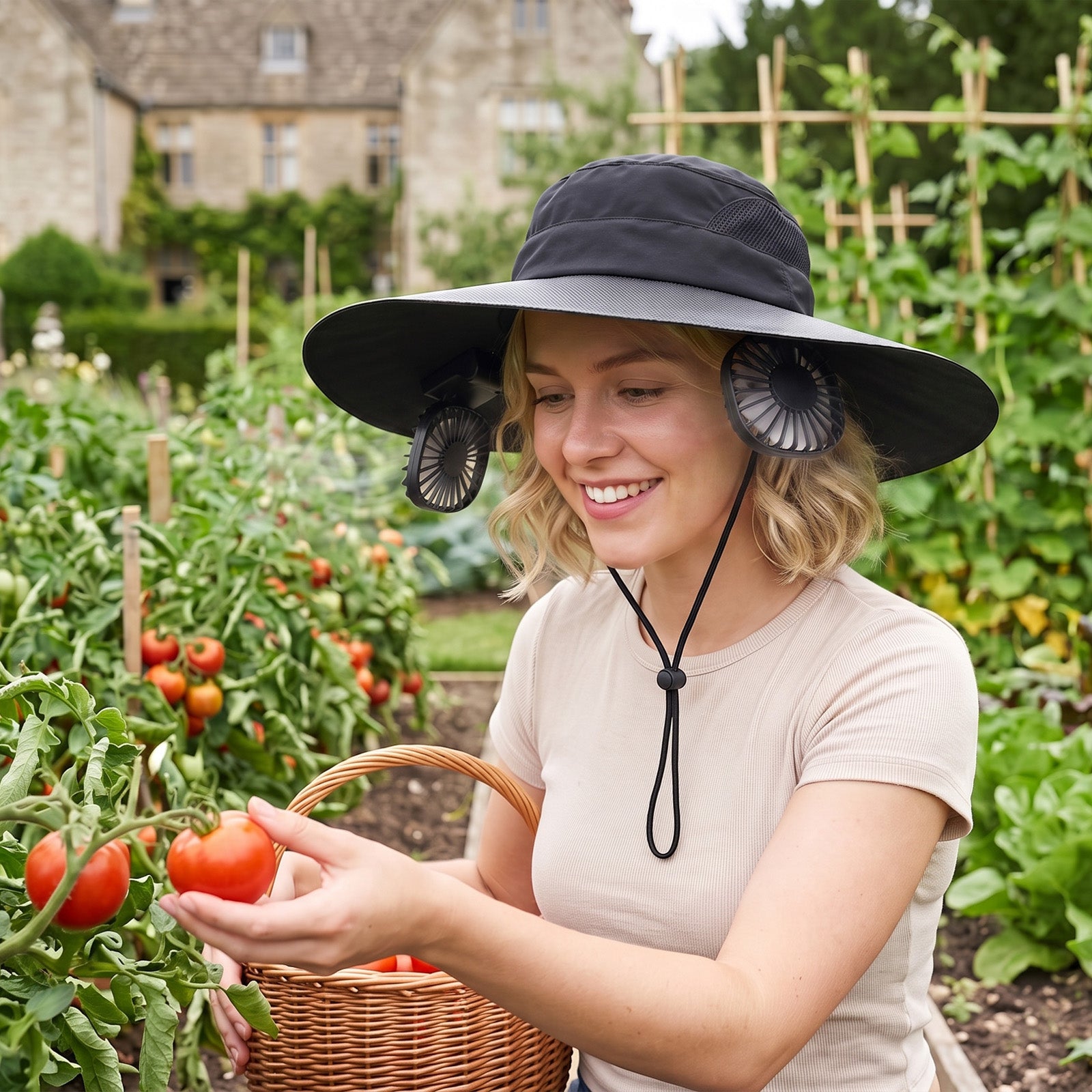 Woman wearing the LINKSOLAR Solar Fan Hat while gardening