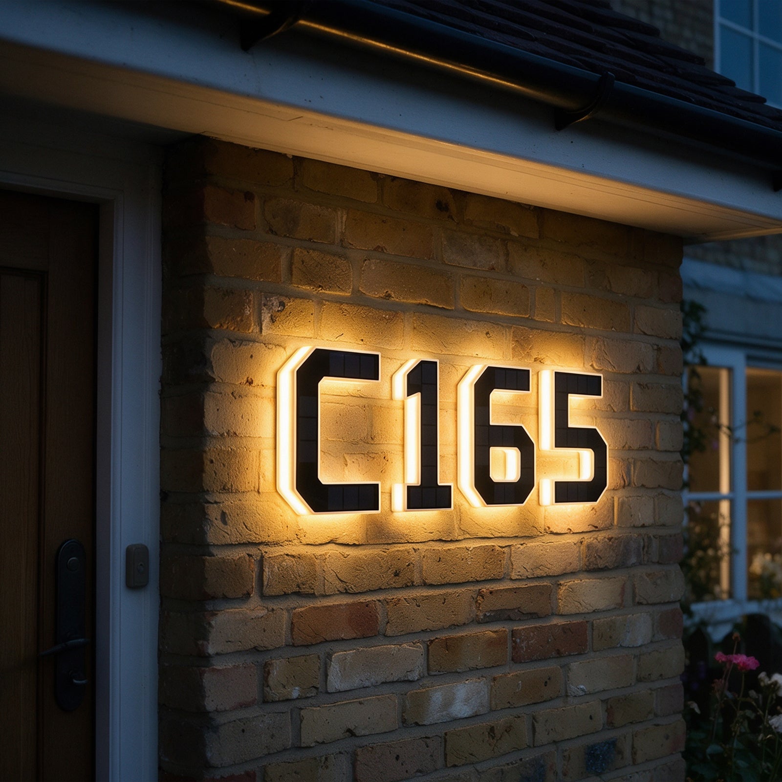 Solar address sign light beside a welcoming home entrance