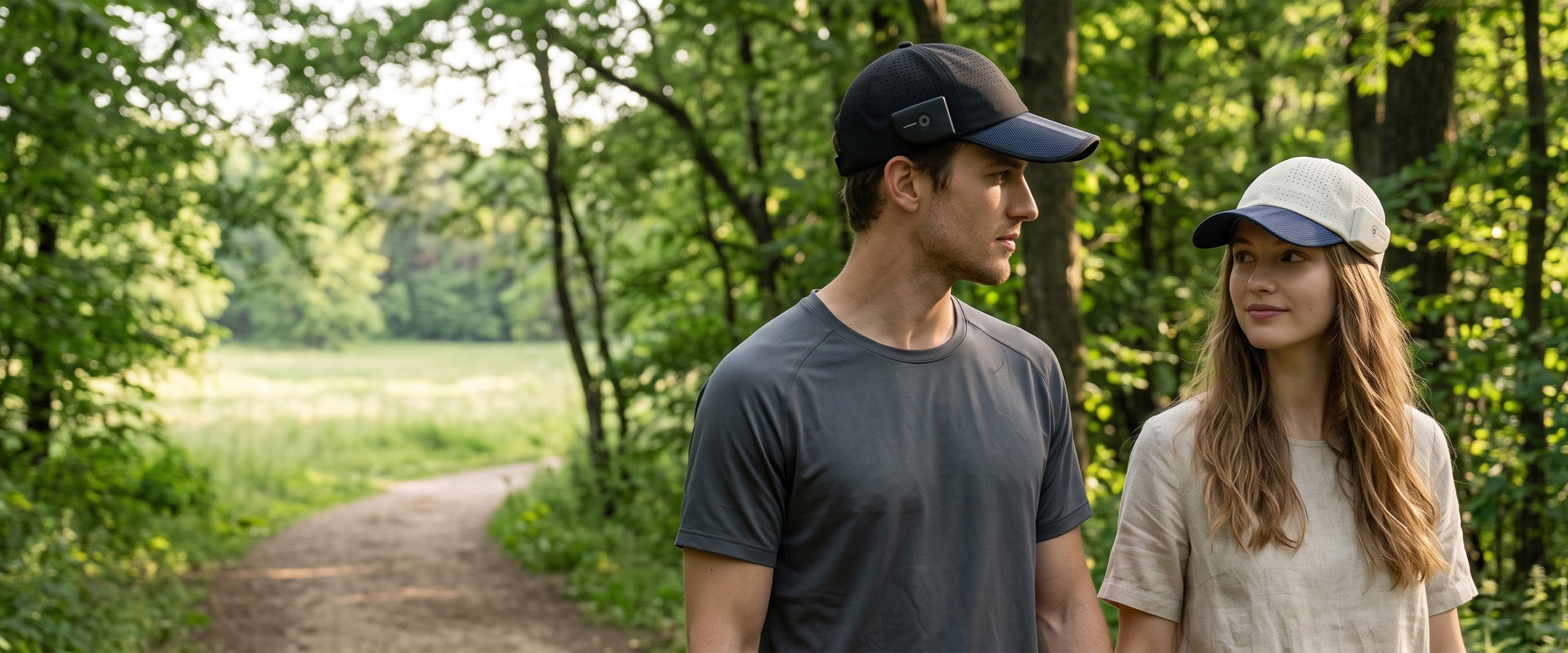 Two people wearing LINKSOLAR full-crown open-ear audio caps on a woodland trail