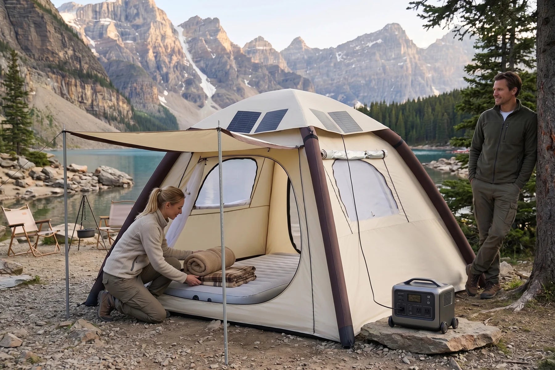 LINKSOLAR 52W solar inflatable camping tent at basecamp