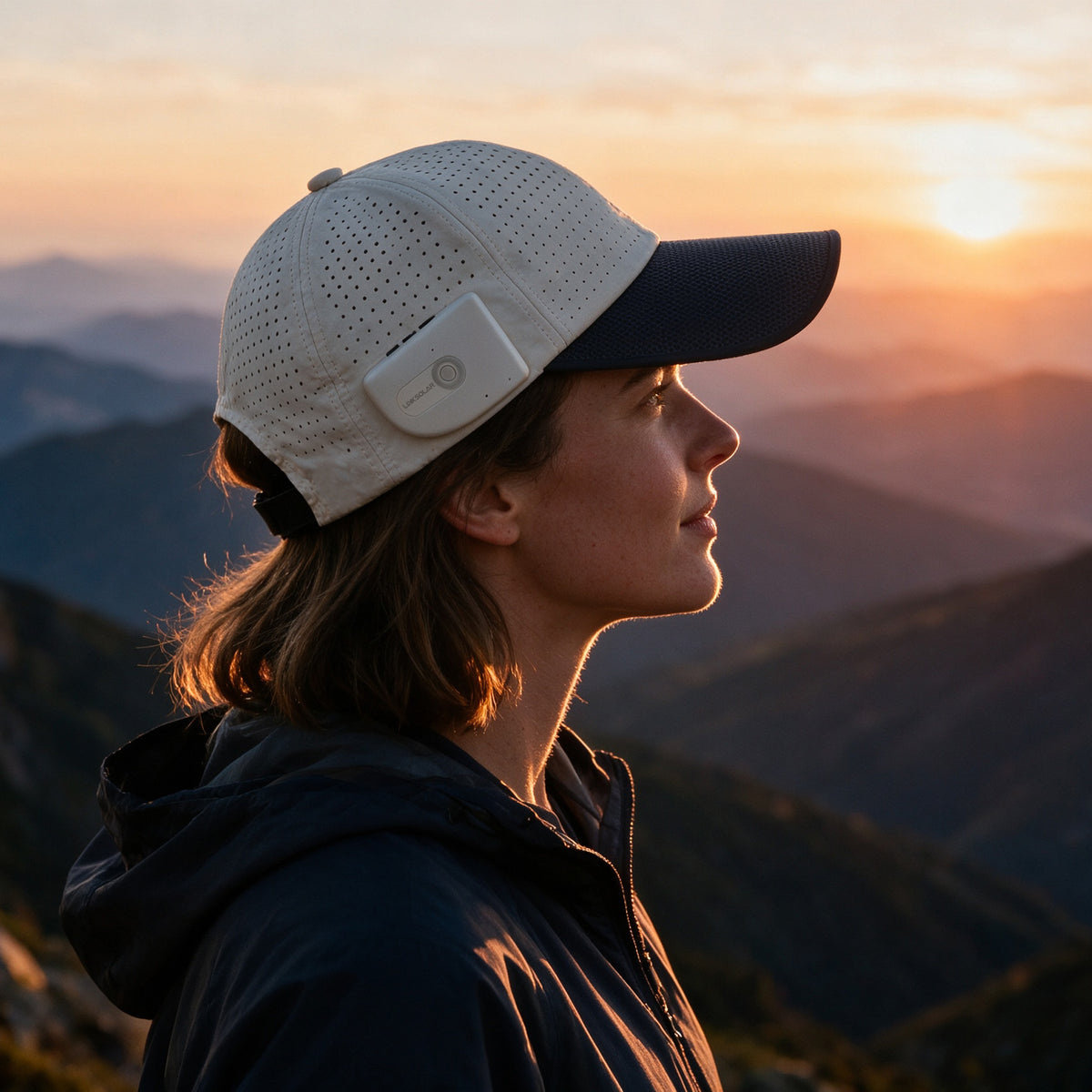 Woman wearing the Beige LINKSOLAR Solar Open-Ear Audio Cap at sunset in the mountains