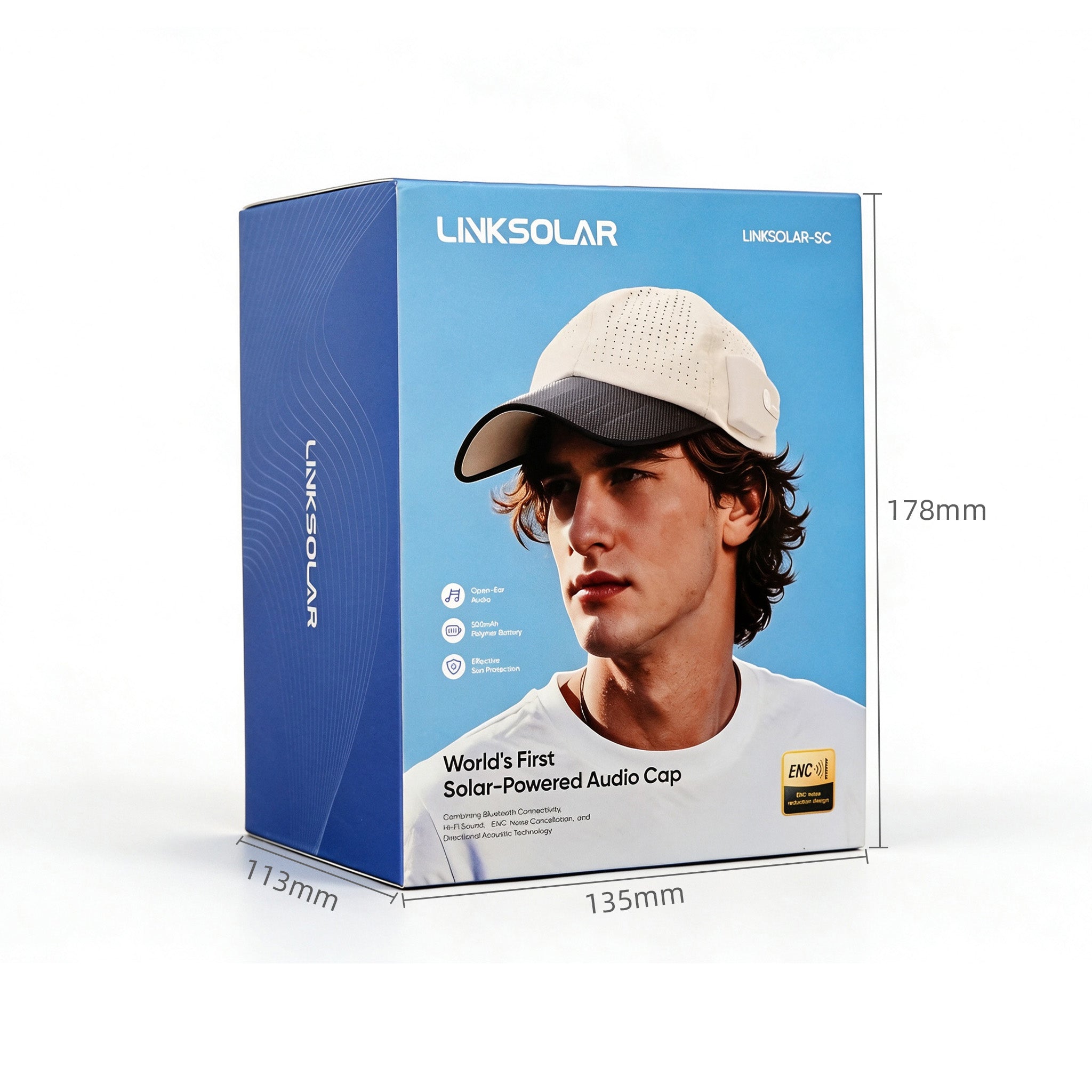 LINKSOLAR Solar Audio Cap retail packaging box with dimensions