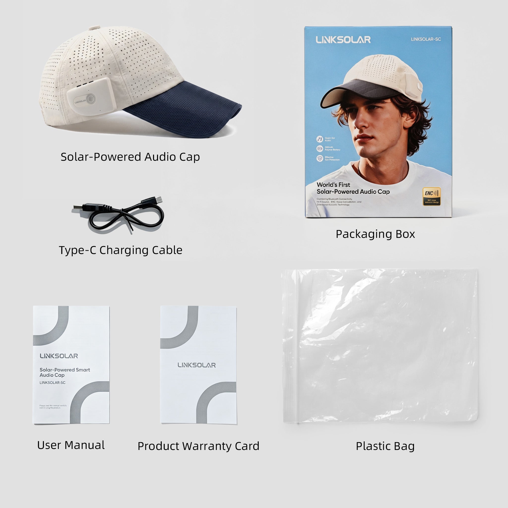 LINKSOLAR Solar Audio Cap package contents including cap, retail box, user manual and Type-C charging cable