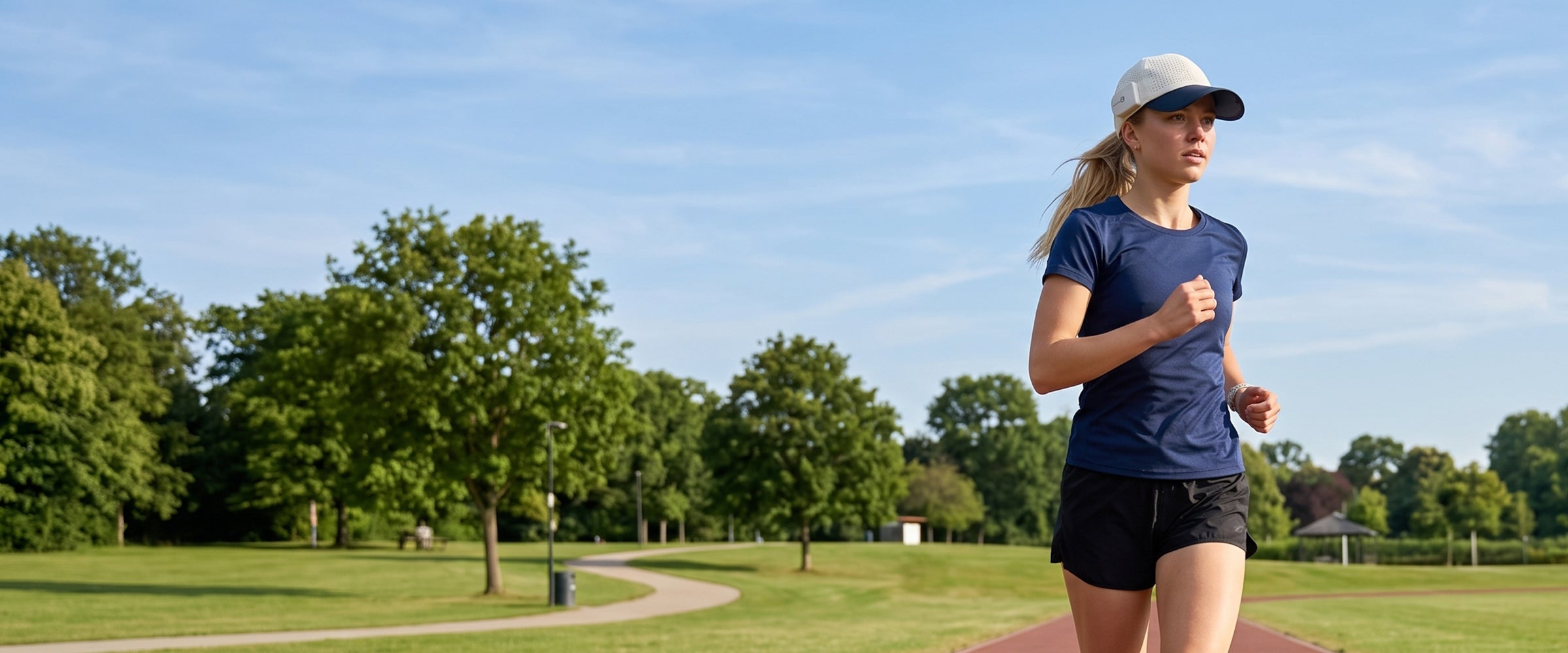 Woman running in sunlight while wearing a stable LINKSOLAR solar open-ear audio cap