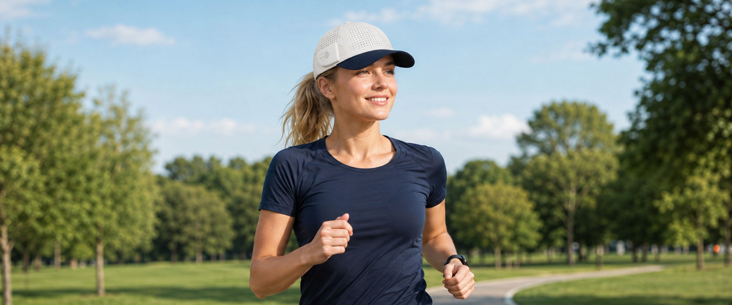 Woman running outdoors as sunlight reaches the integrated solar panel on the LINKSOLAR audio cap