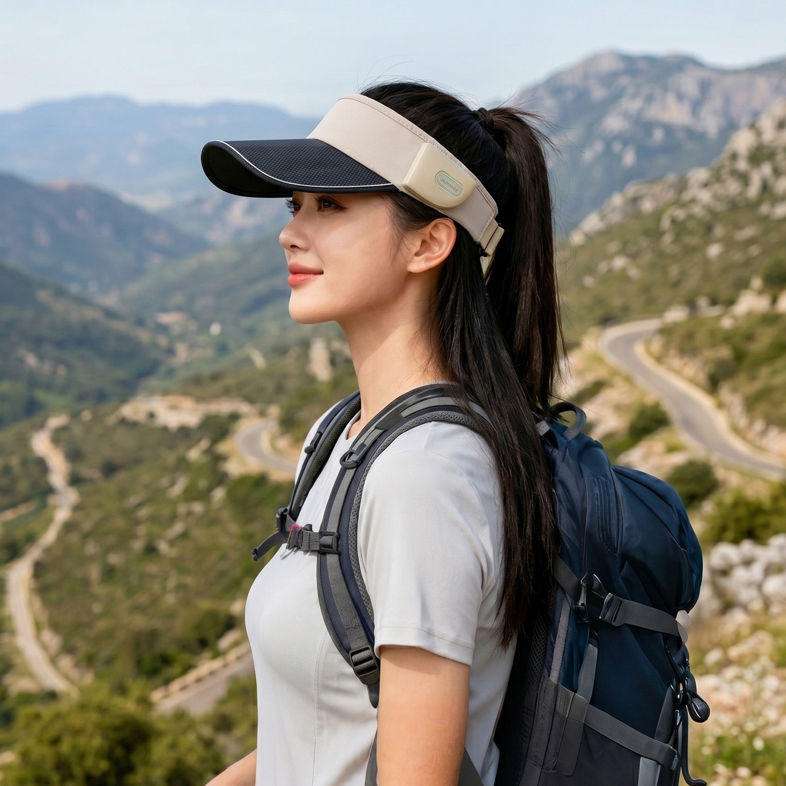 Woman hiking in the LINKSOLAR Solar Audio Visor