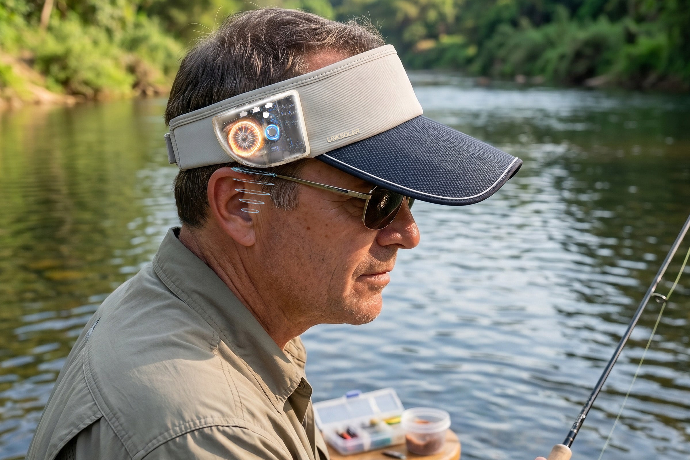 Man fishing outdoors while wearing the LINKSOLAR open-ear solar audio visor