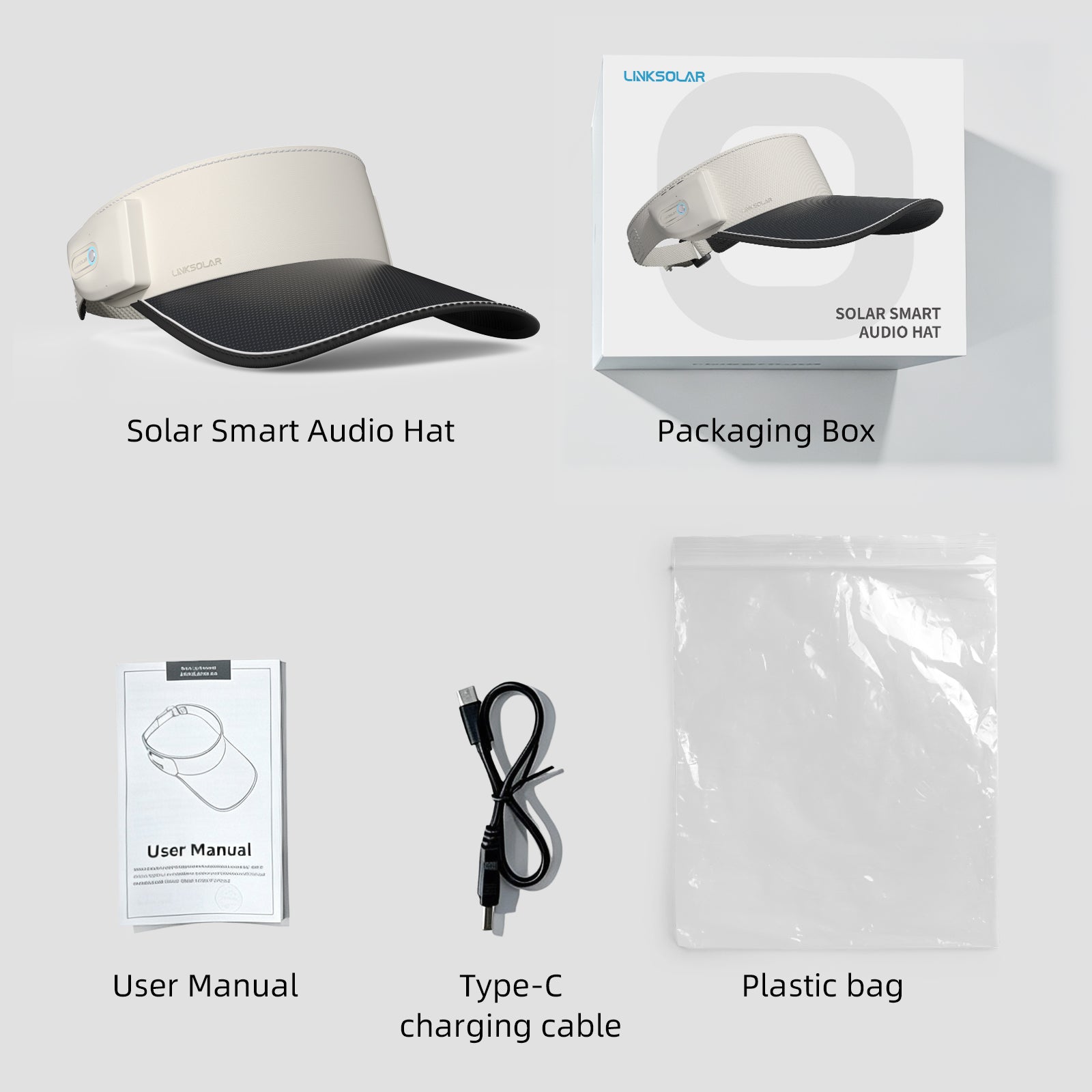 LINKSOLAR Solar Audio Visor package contents including visor, retail box, user manual and Type-C charging cable