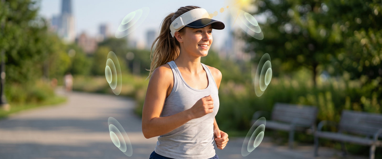 Woman running in sunlight while wearing a stable LINKSOLAR solar open-ear audio visor