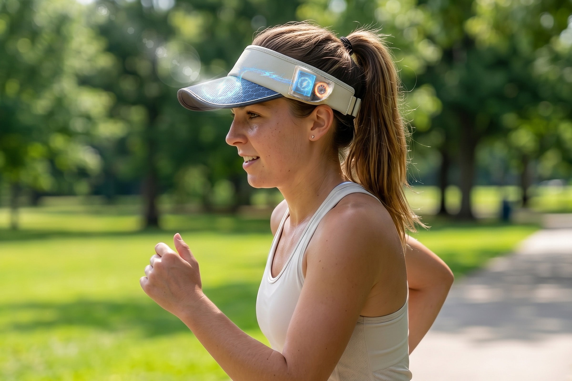 Woman running outdoors as sunlight reaches the integrated solar panel on the LINKSOLAR audio visor