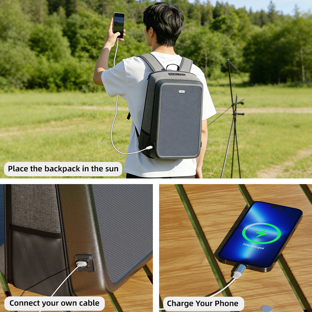 Person wearing the LINKSOLAR 13W solar backpack and charging a phone in direct sunlight