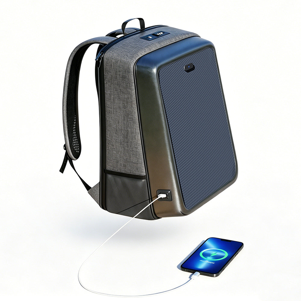 Solar backpack connected to a phone in sunlight