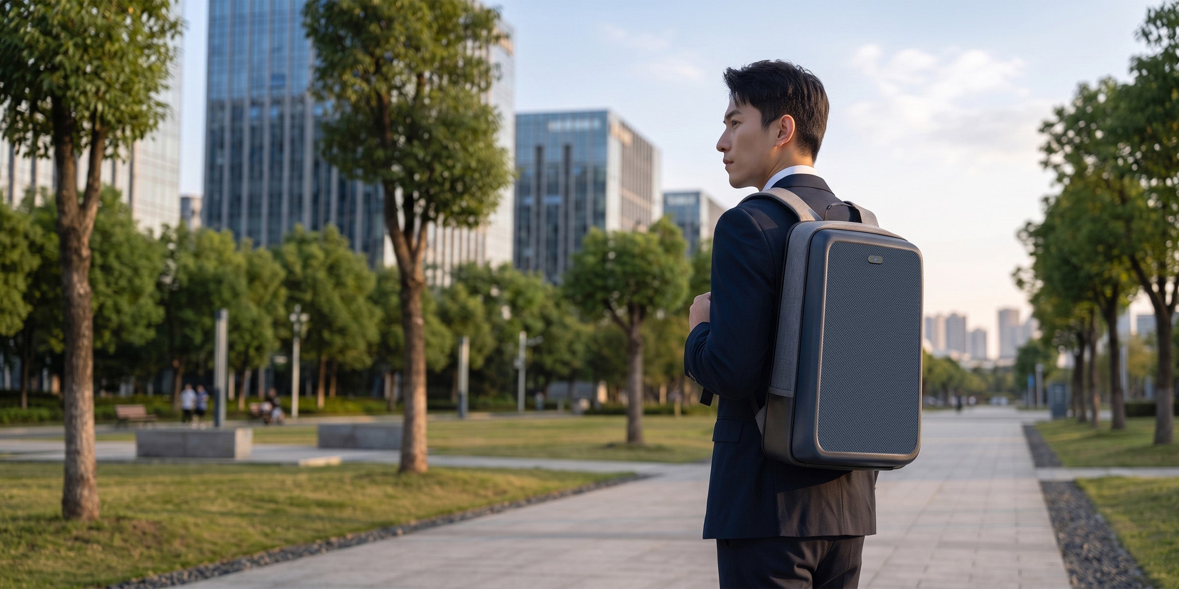 LINKSOLAR 13W solar backpack used outdoors in a city setting