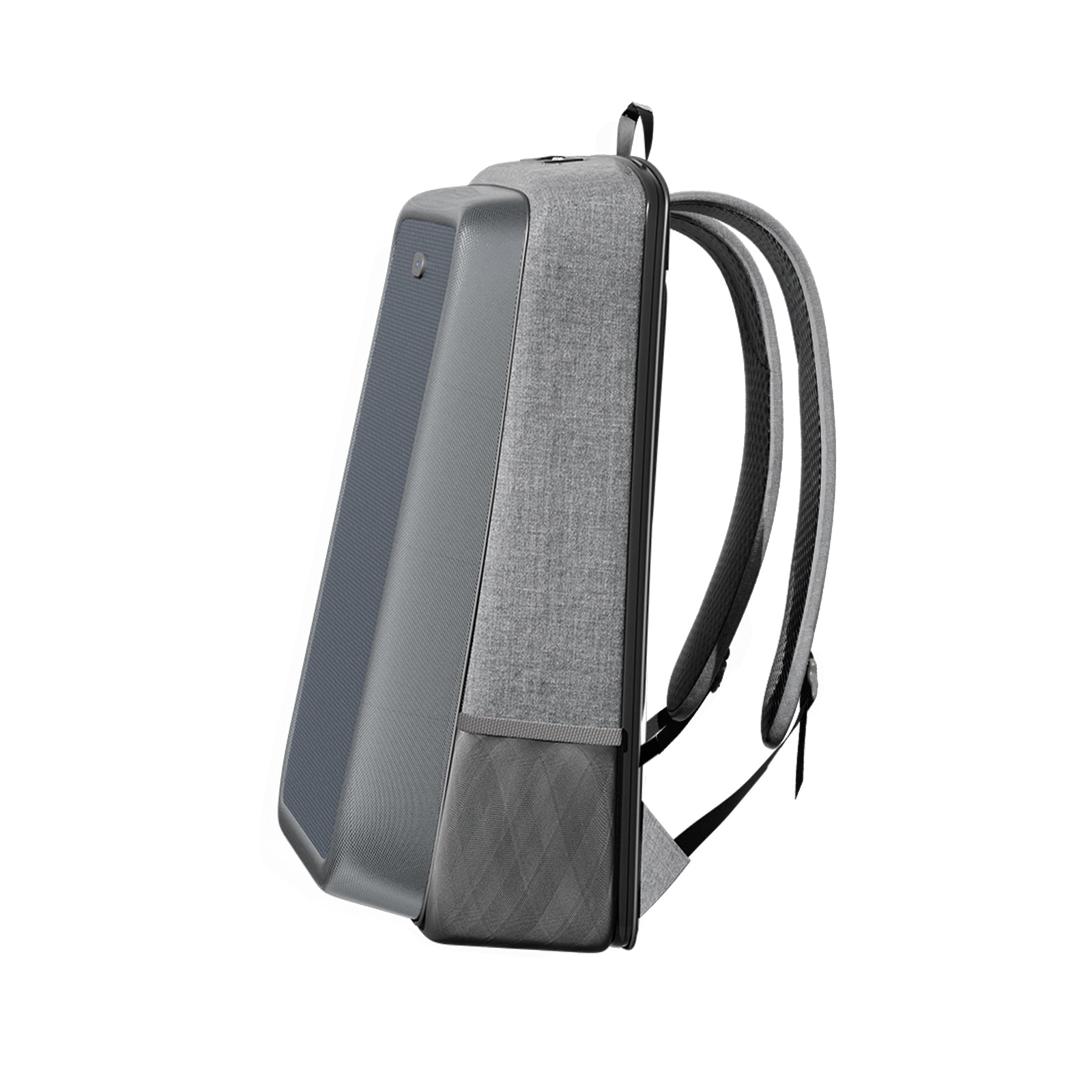 Side product view of the gray solar backpack