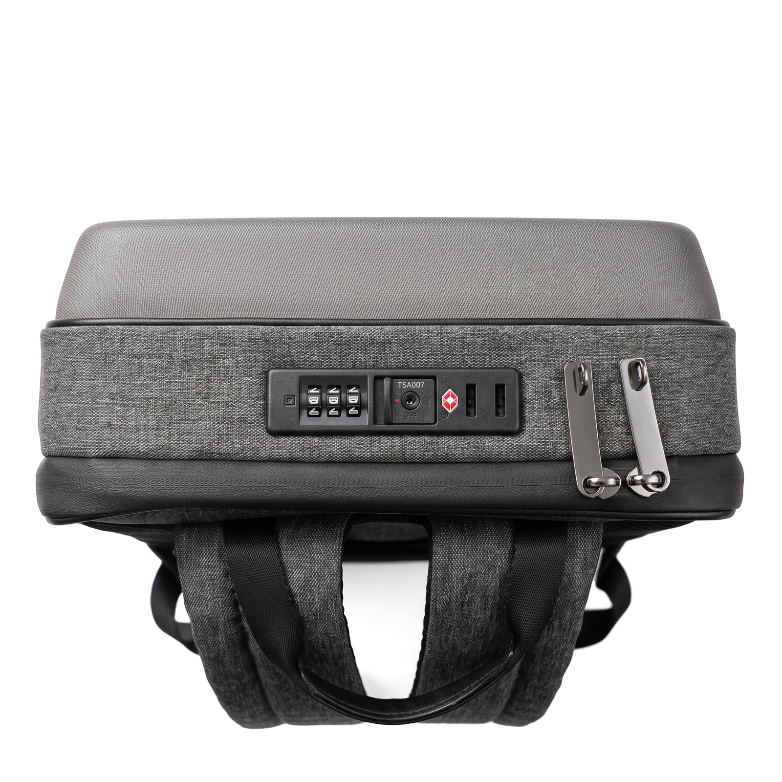Top and handle view of the gray solar backpack