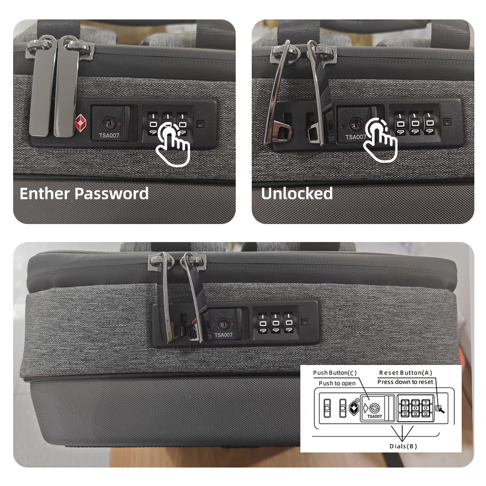 TSA007 combination lock controls and unlocking instructions on the 13W solar backpack