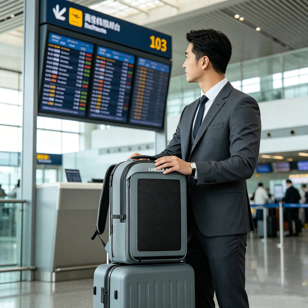 30W solar backpack at an airport