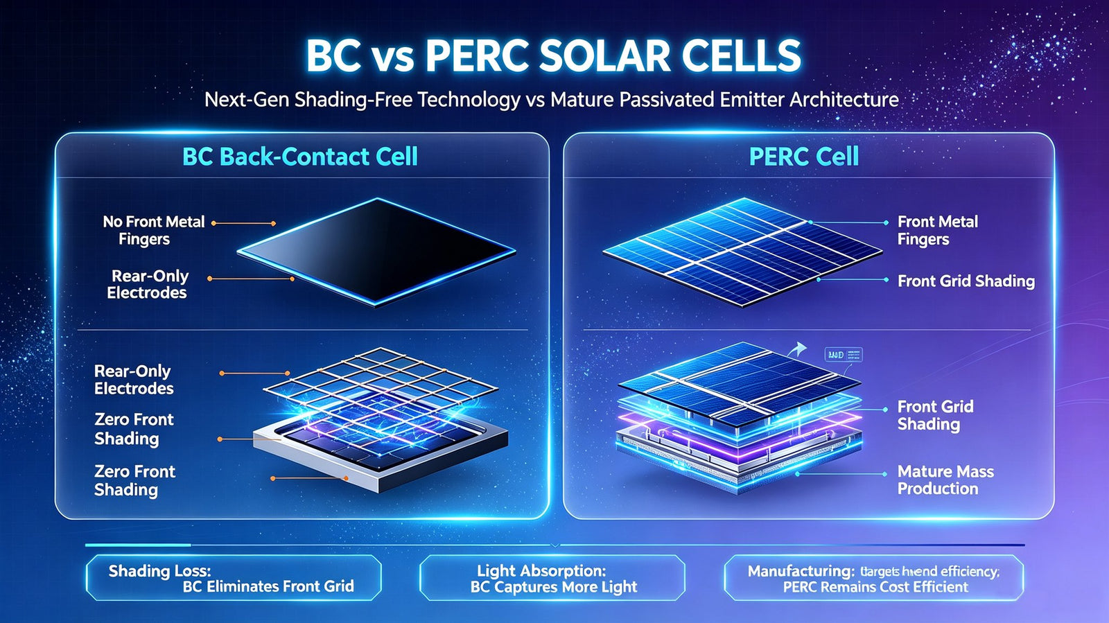 Comparison of BC back-contact solar cells with rear-only electrodes and conventional PERC cells with front metal fingers