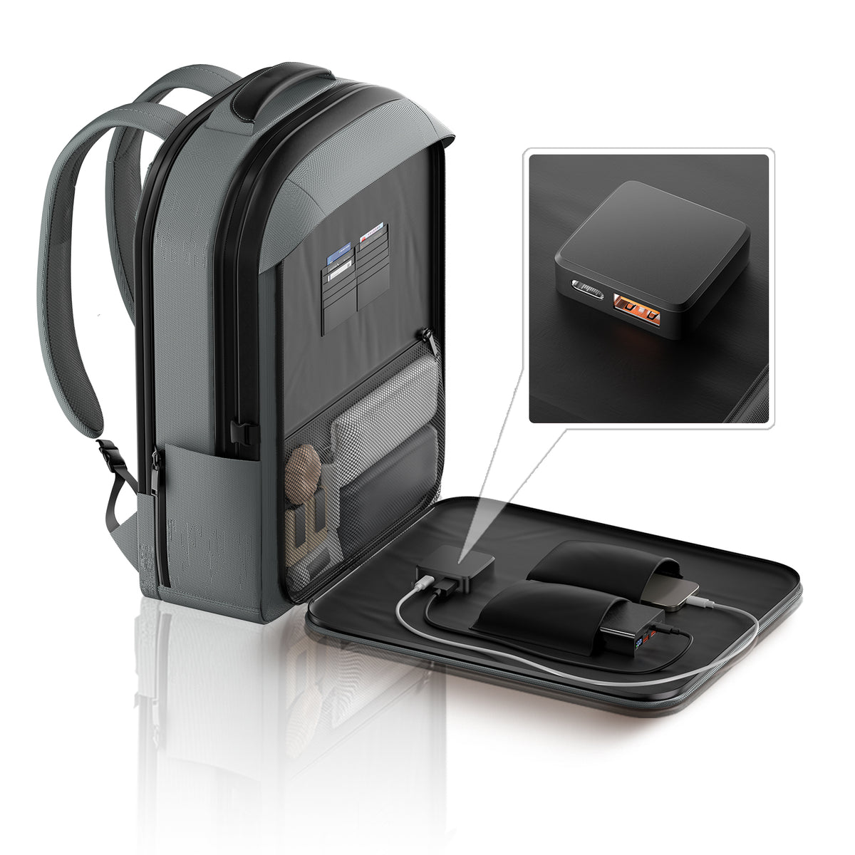 Internal solar controller and USB connection area inside the LINKSOLAR 30W solar backpack