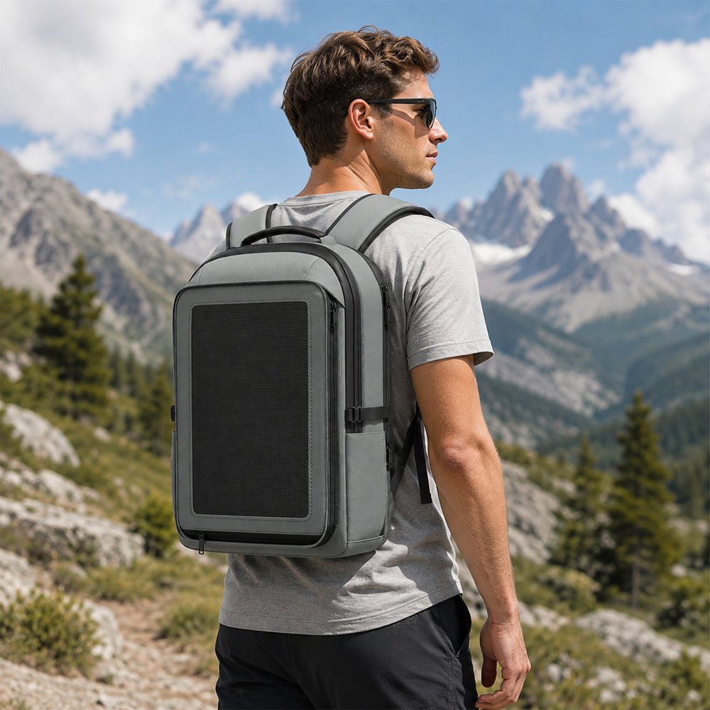30W solar backpack carried on a mountain trail