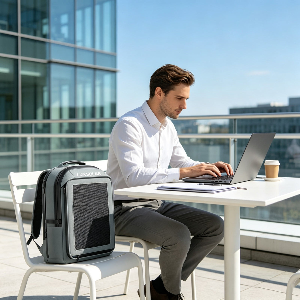 Solar backpack beside a laptop user on an outdoor terrace