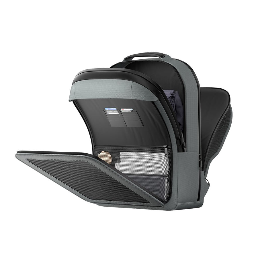 Open LINKSOLAR 30W solar backpack showing its three organized storage layers