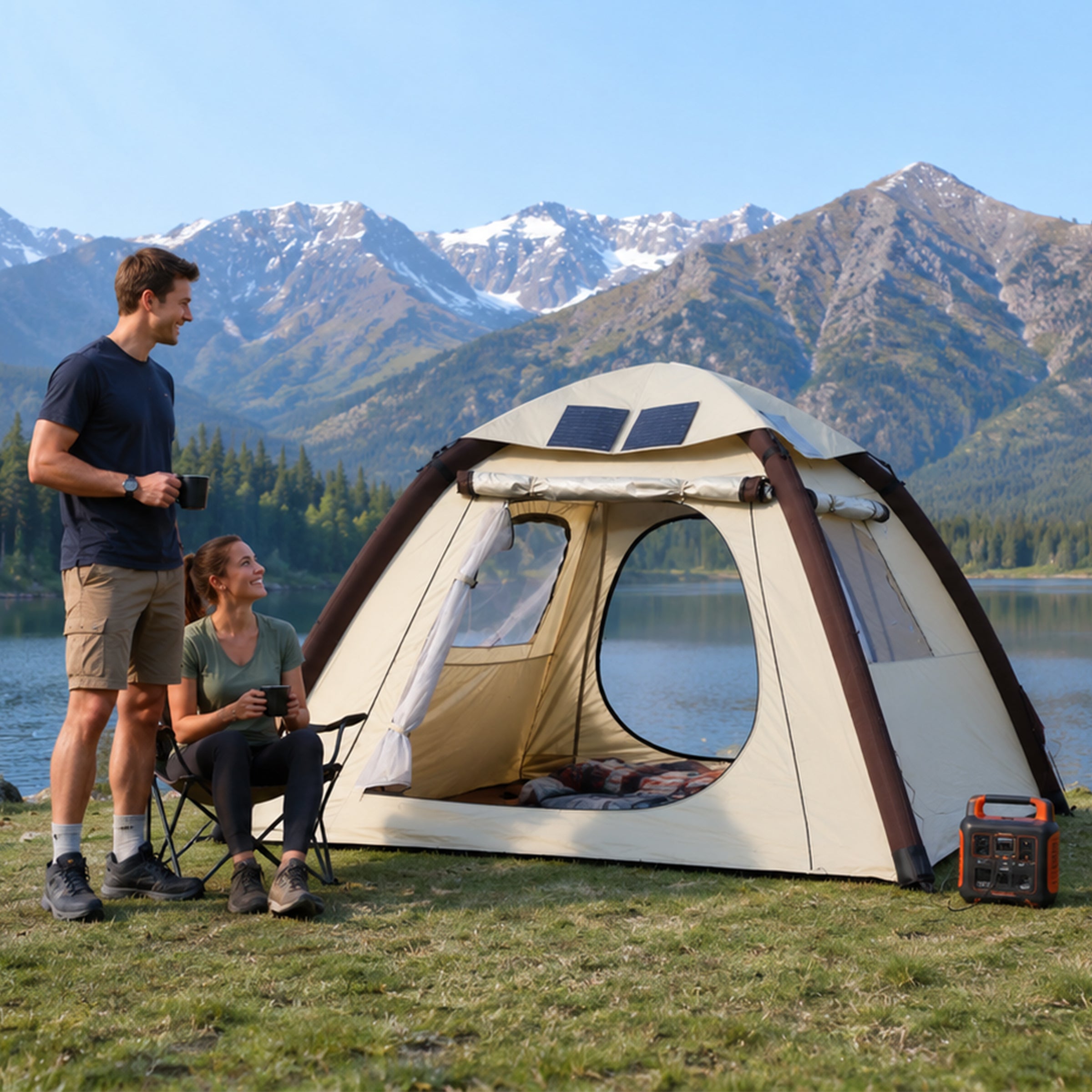 Beige inflatable camping tent with removable 52W solar roof at a sunny mountain campsite