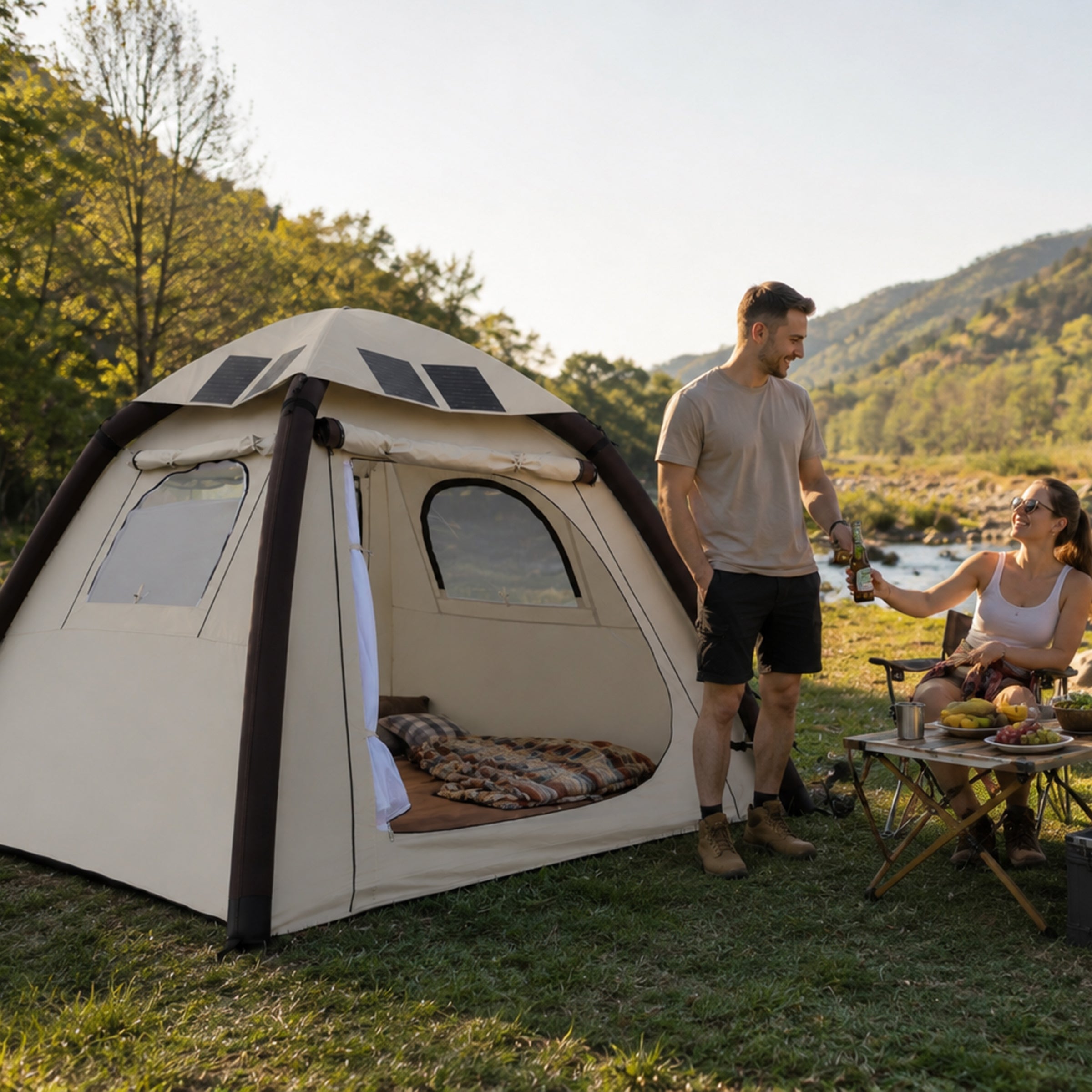 Beige solar inflatable tent beside a vehicle for weekend car camping