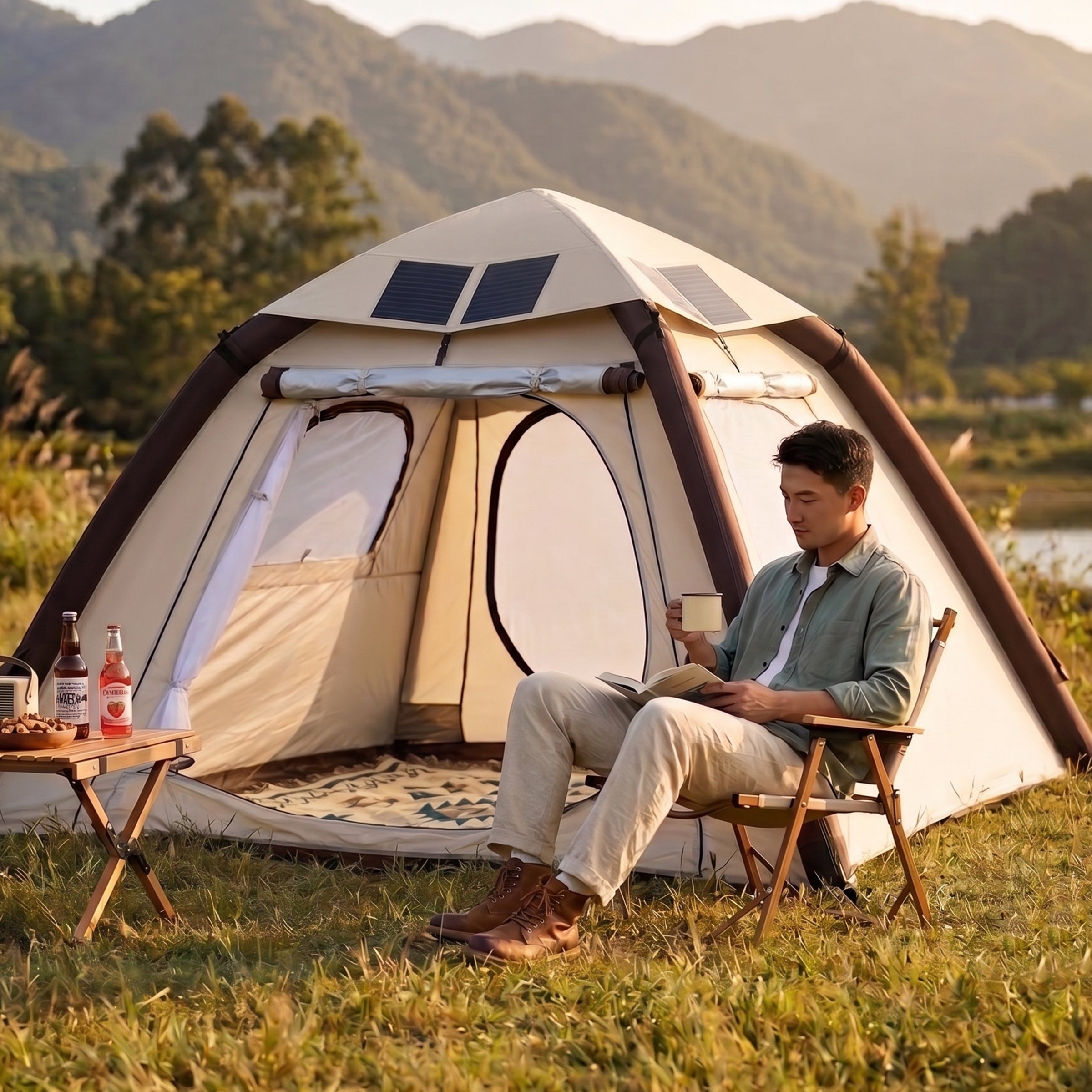 Beige inflatable solar tent with extended awning at a recreational campsite