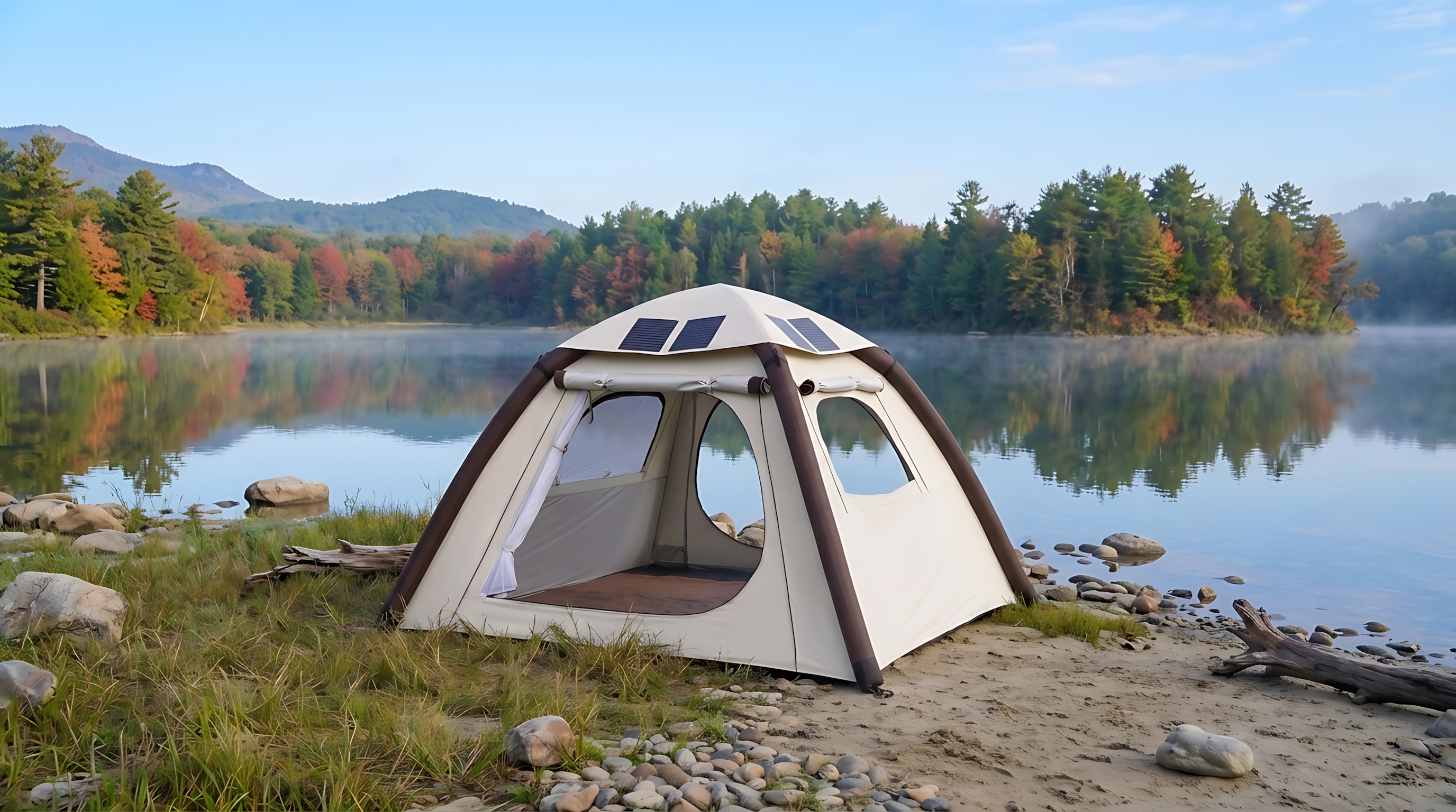 LINKSOLAR inflatable camping tent with removable 52W solar roof beside a mountain lake
