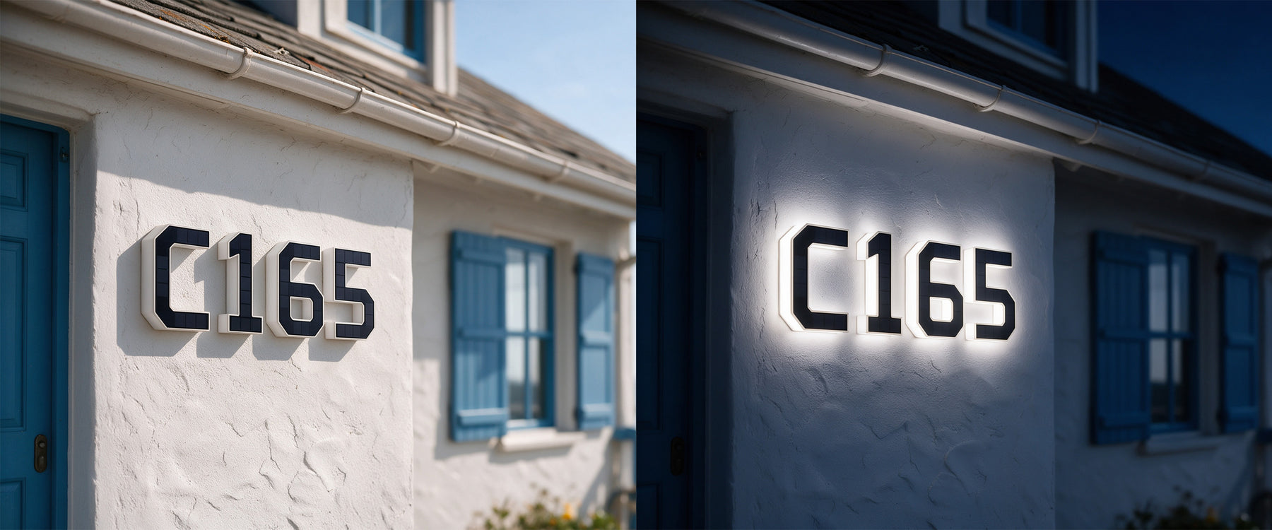 Side-by-side daytime and nighttime view of Luma solar house number lights