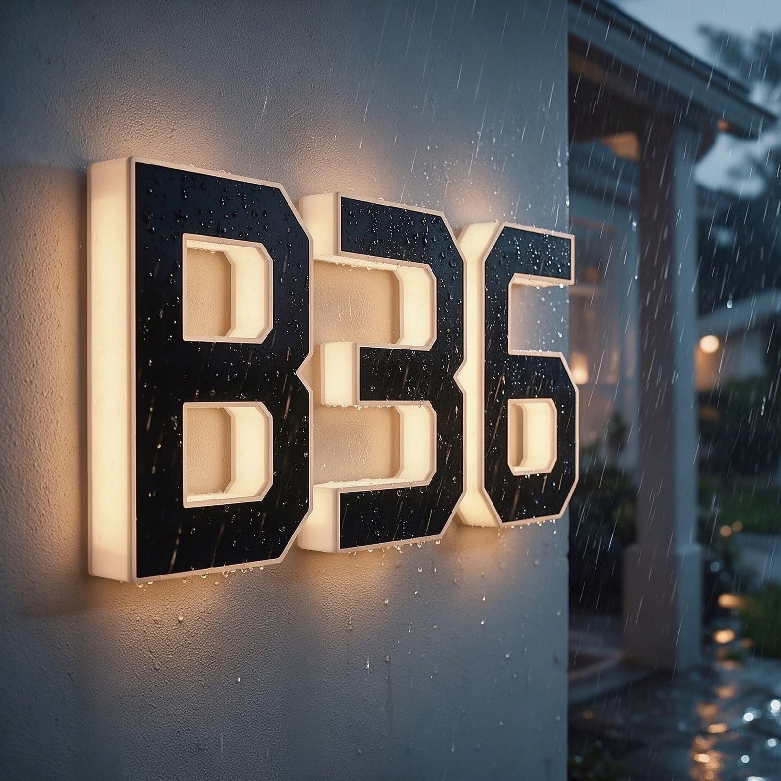 Luma solar house numbers installed outside during rain