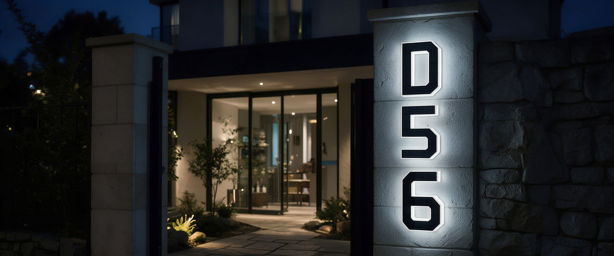 A complete illuminated Luma solar house number arrangement at night