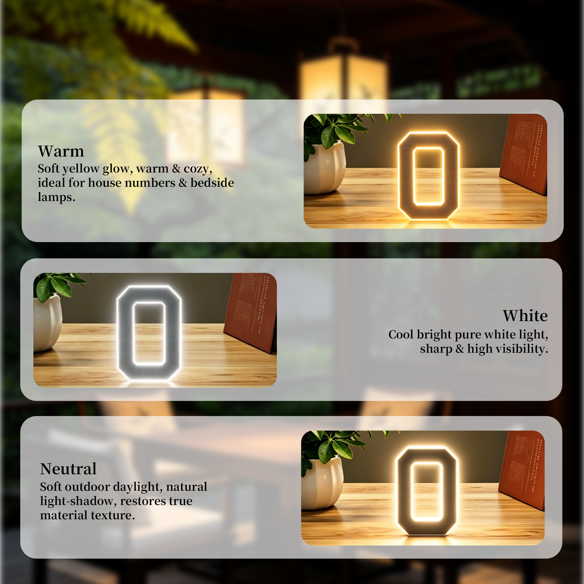 Luma house number lights shown in warm white, cool white and mixed light modes.