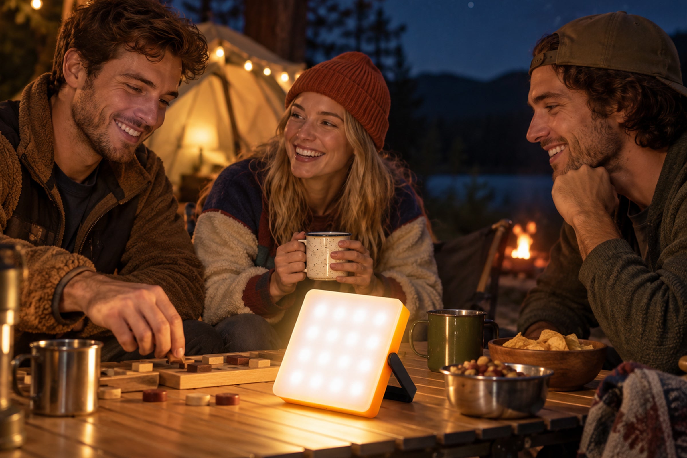 Friends using the solar tent light at a campsite table