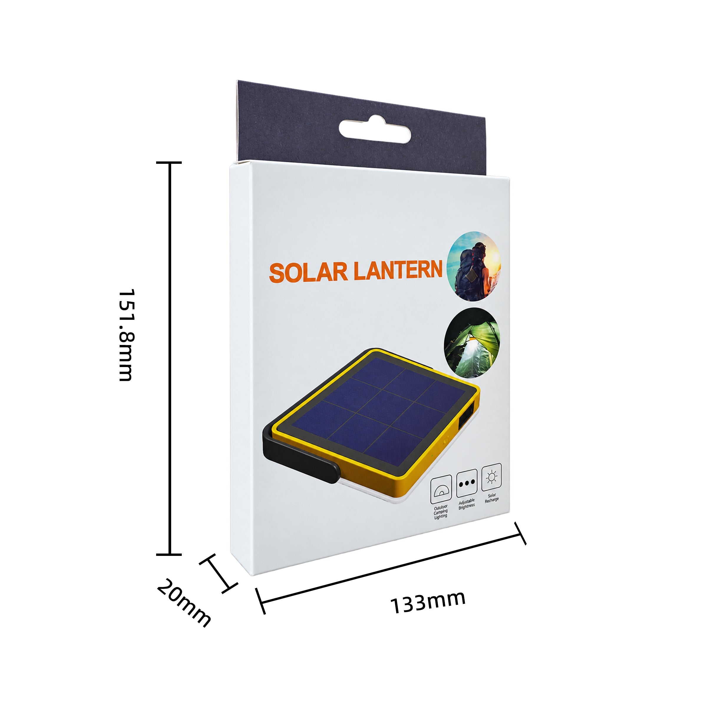 Solar tent light retail package dimensions of 151.8 by 133 by 20 millimetres