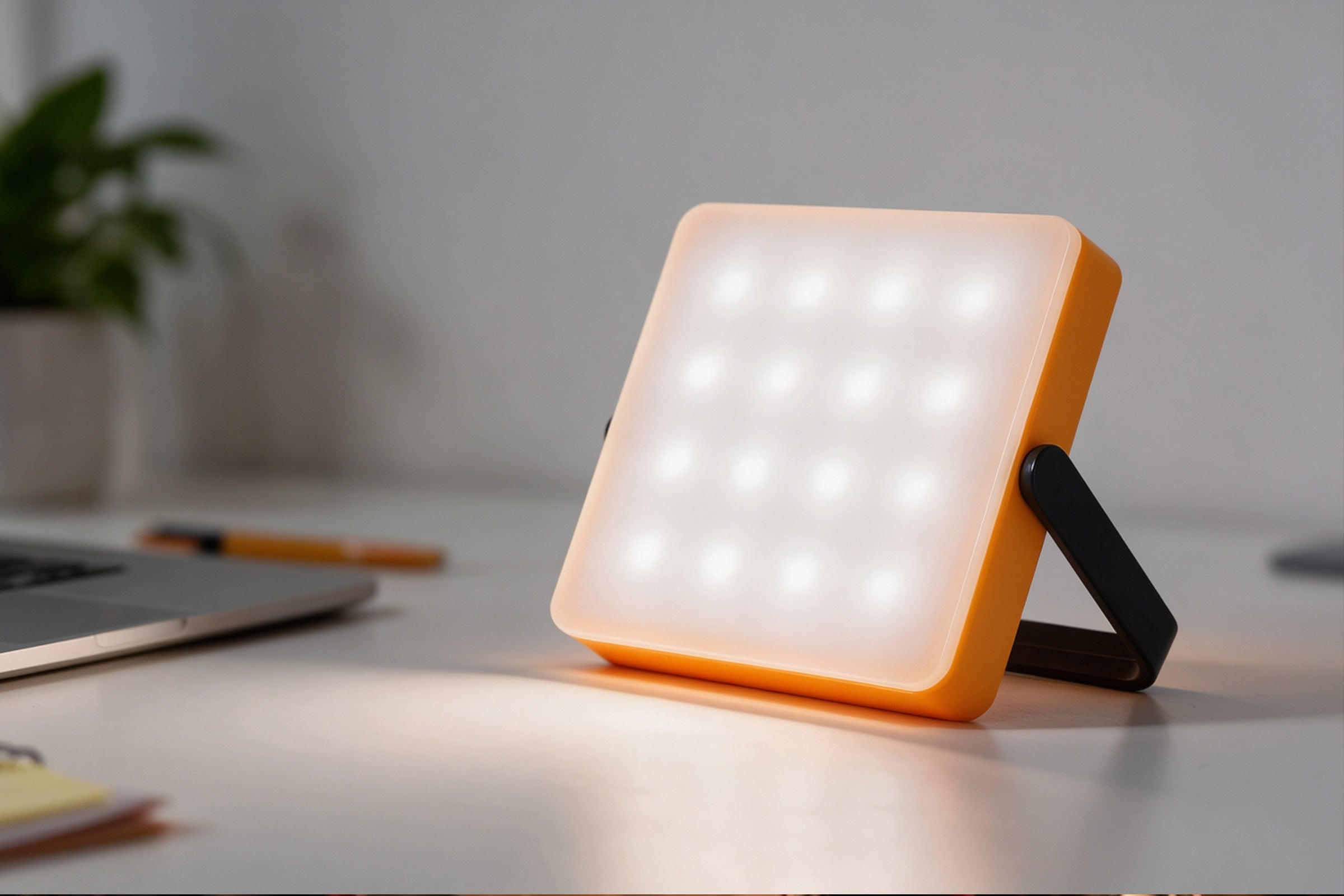 Solar tent light standing on a table with its rotating support