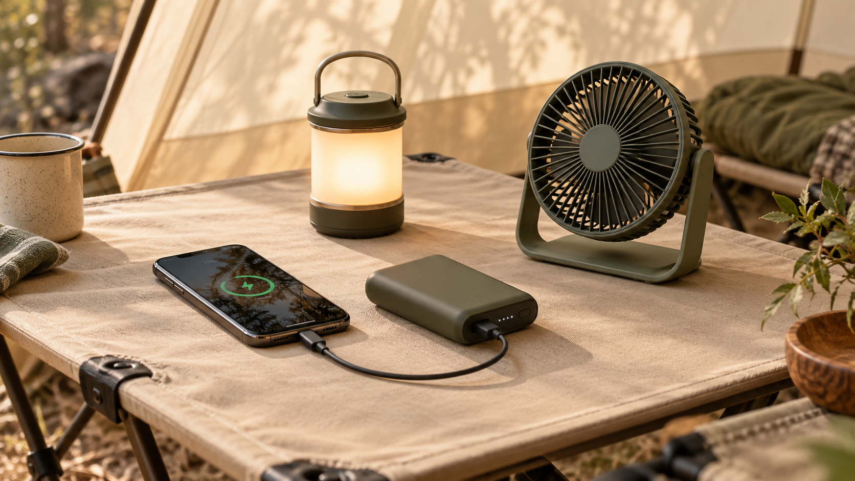 Phone charging from a portable power bank beside a rechargeable camping lantern and compact fan